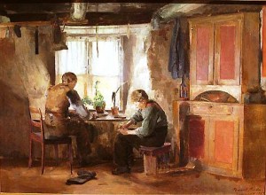 Bygdeskomakere, malt av Harriet Backer. Kilde: Wikimedia commons