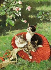 Tre katter i  en hatt , malt av Elisabeth Sinding i 1888. Kilde: gwp.noa