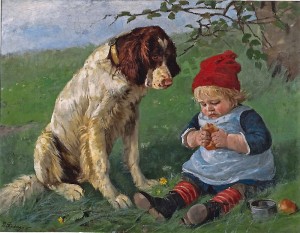 Skal vi dele? Hunden og gutten. Elisabeth Sinding 1885. (Kilde:Listen.no)